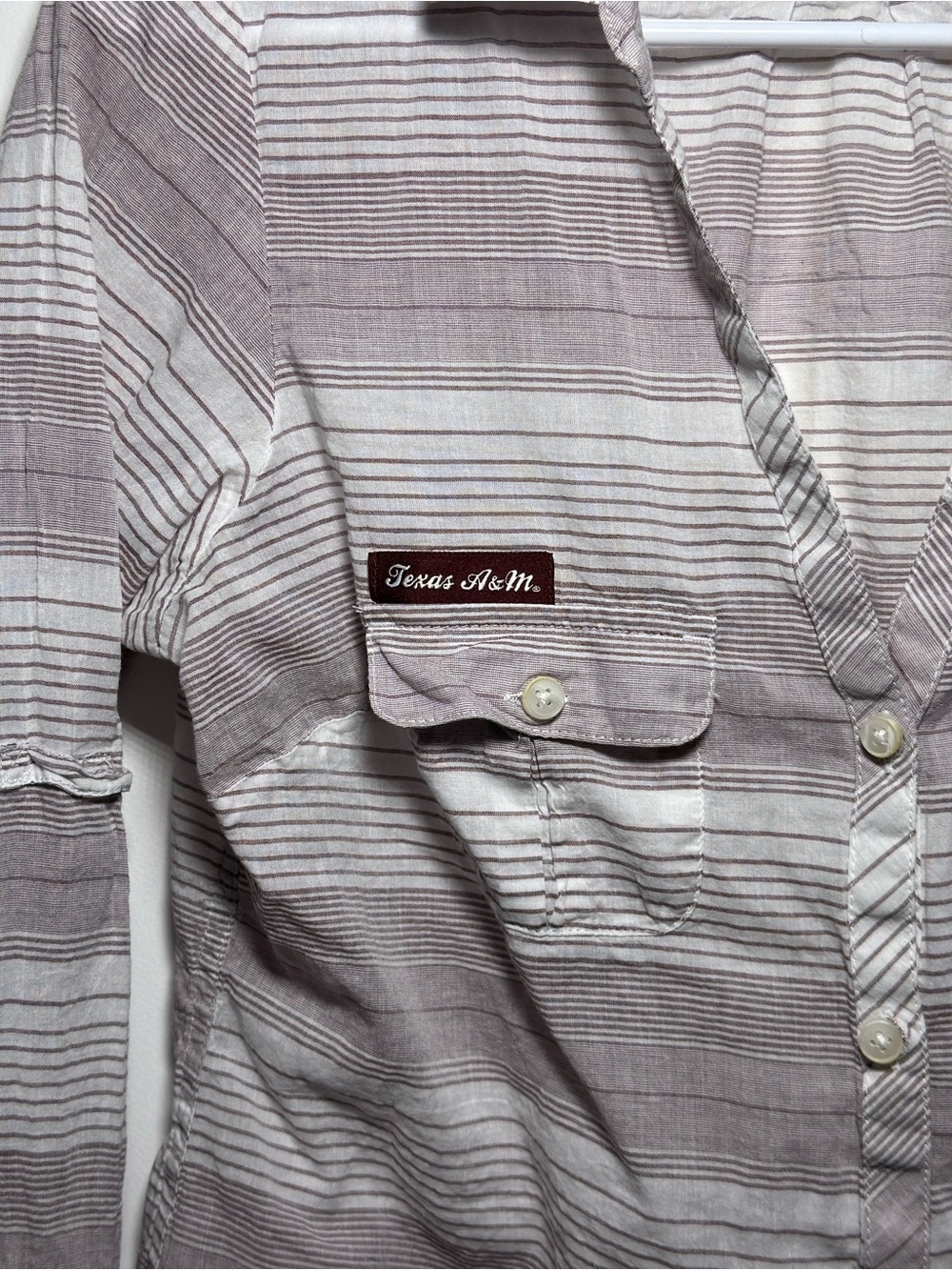 Texas A&M Women's Striped Button-Down Shirt in Light Gray & White